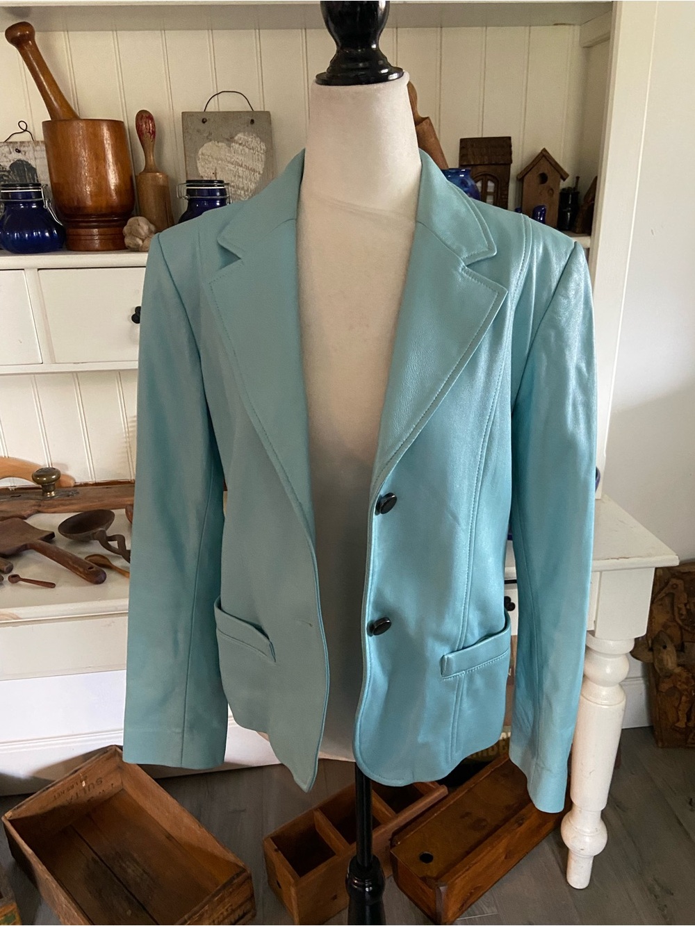 Light Blue Women’s leather jacket- Classic Two-Button Tailored Jacket
